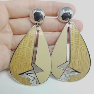 Vintage Large Dangle Stud Earrings, Cream Ename, Retro 80s Style statement